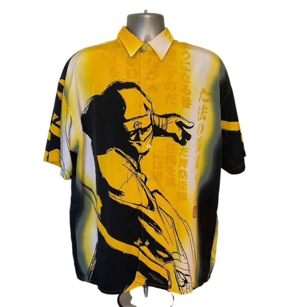 Taiga Yellow Black Anime Graphic Button Up Shirt L Oversized Japanese Streetwear